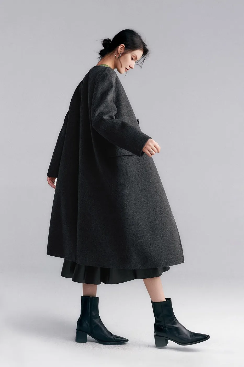 Grey Collarless Double Breasted Wool Cashmere Coat