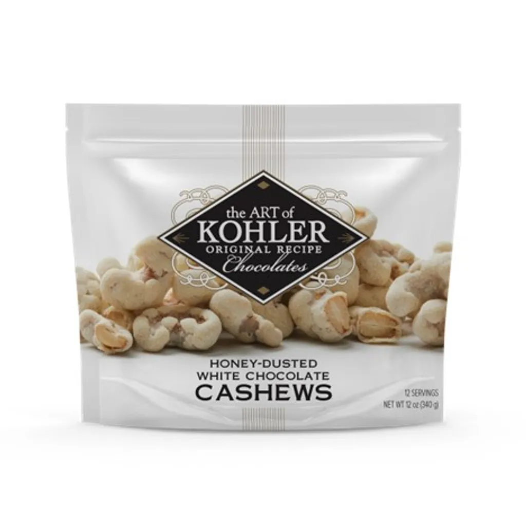 HONEY-DUSTED WHITE CHOCOLATE CASHEWS. 12OZ. 