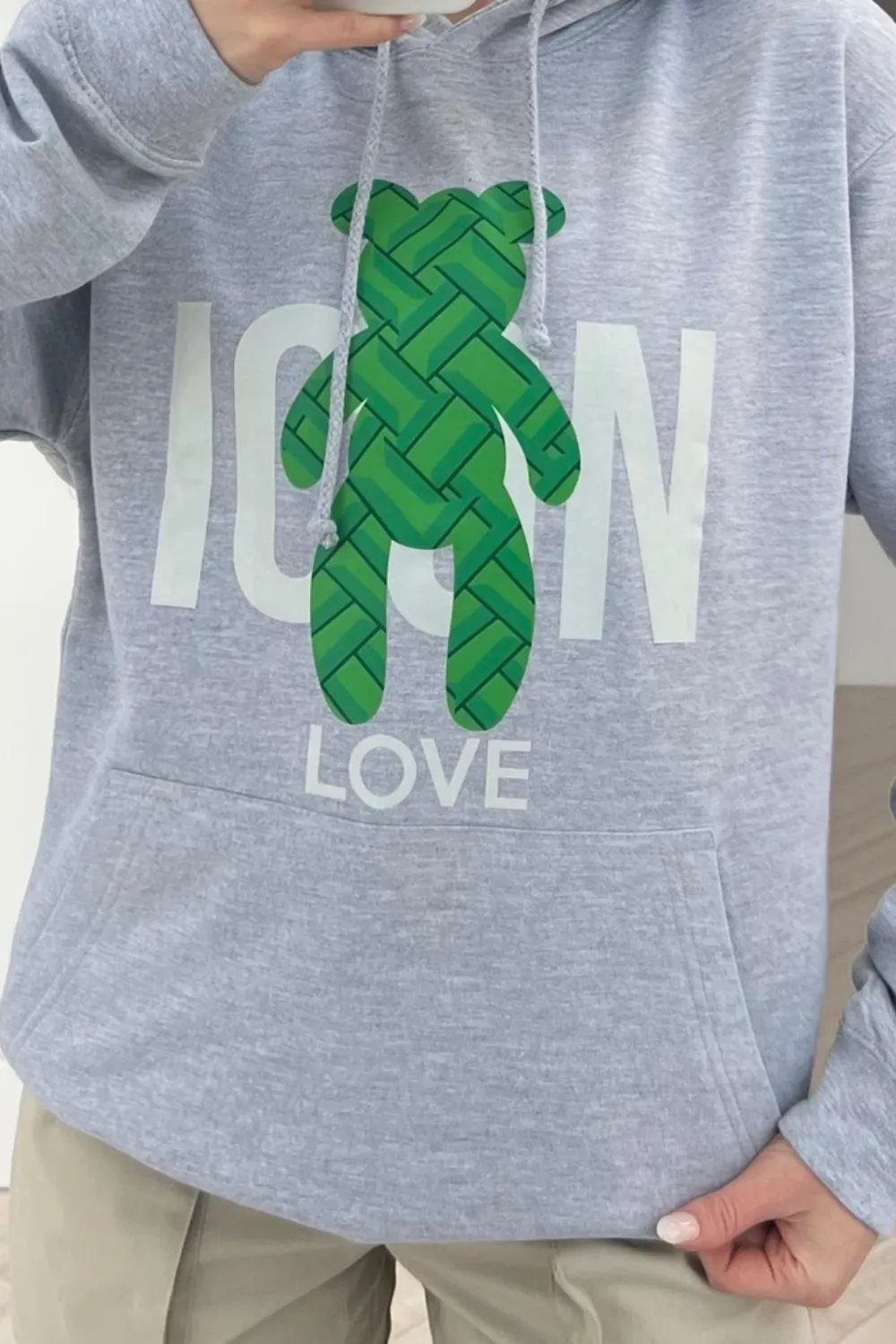 icon teddy grey & green printed draw string hoodie