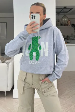 icon teddy grey & green printed draw string hoodie