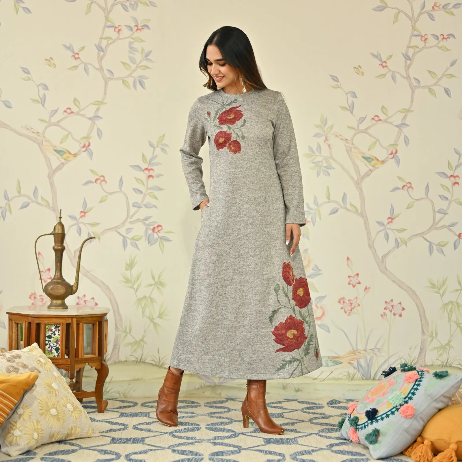 Ivory Floral A-line Woollen Dress