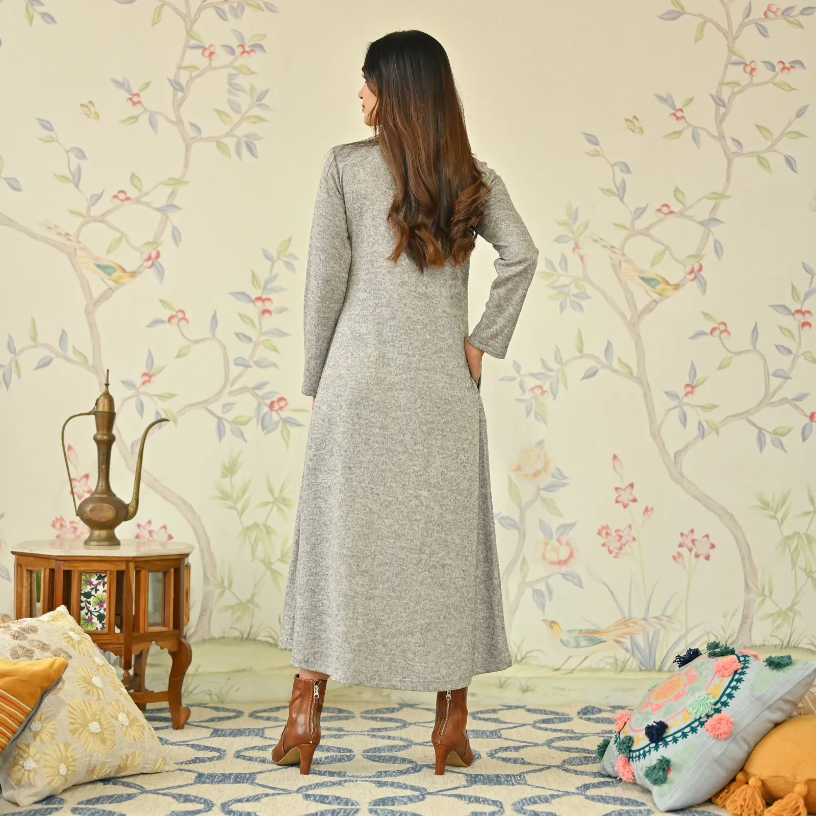 Ivory Floral A-line Woollen Dress