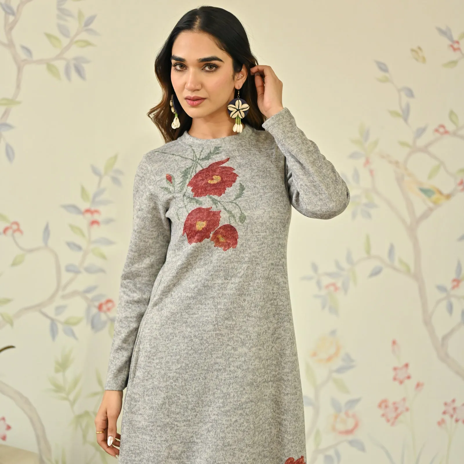 Ivory Floral A-line Woollen Dress