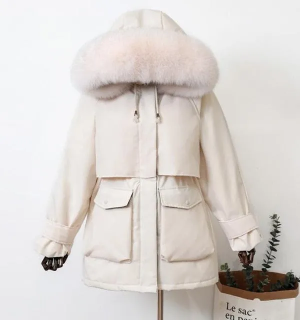 Large Natural Raccoon Fox Fur Hooded Winter Down Coat