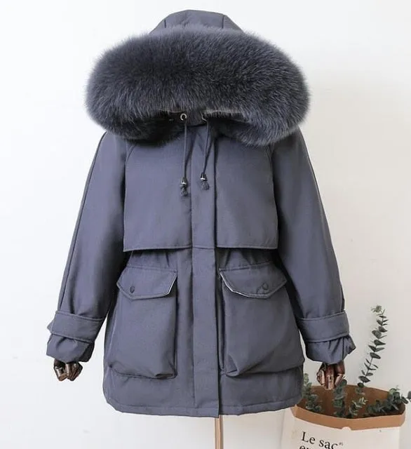 Large Natural Raccoon Fox Fur Hooded Winter Down Coat