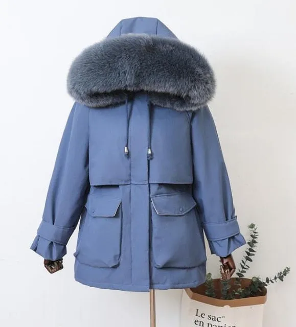 Large Natural Raccoon Fox Fur Hooded Winter Down Coat