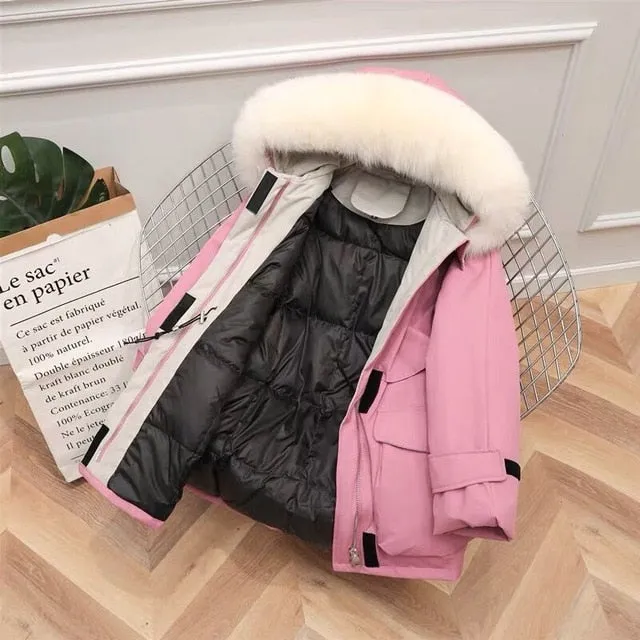 Large Natural Raccoon Fox Fur Hooded Winter Down Coat