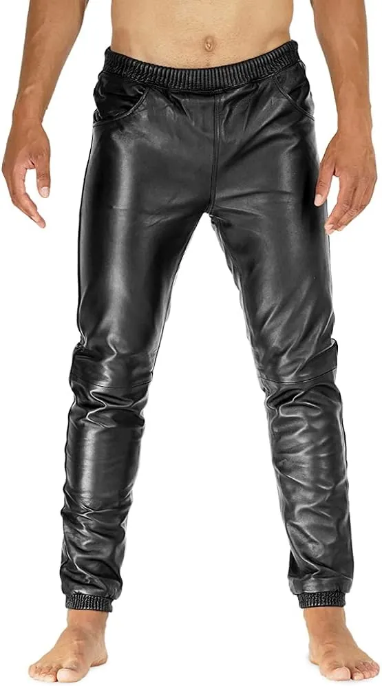 Leather Jackets Hub Mens Genuine Lambskin Leather Pants (Black, Leather Joggers) - 2304006