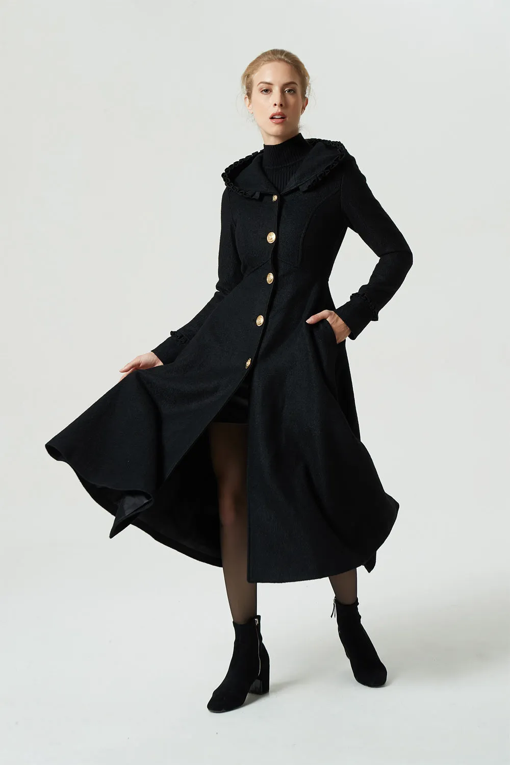 long black hooded coat with ruffle details 1959#