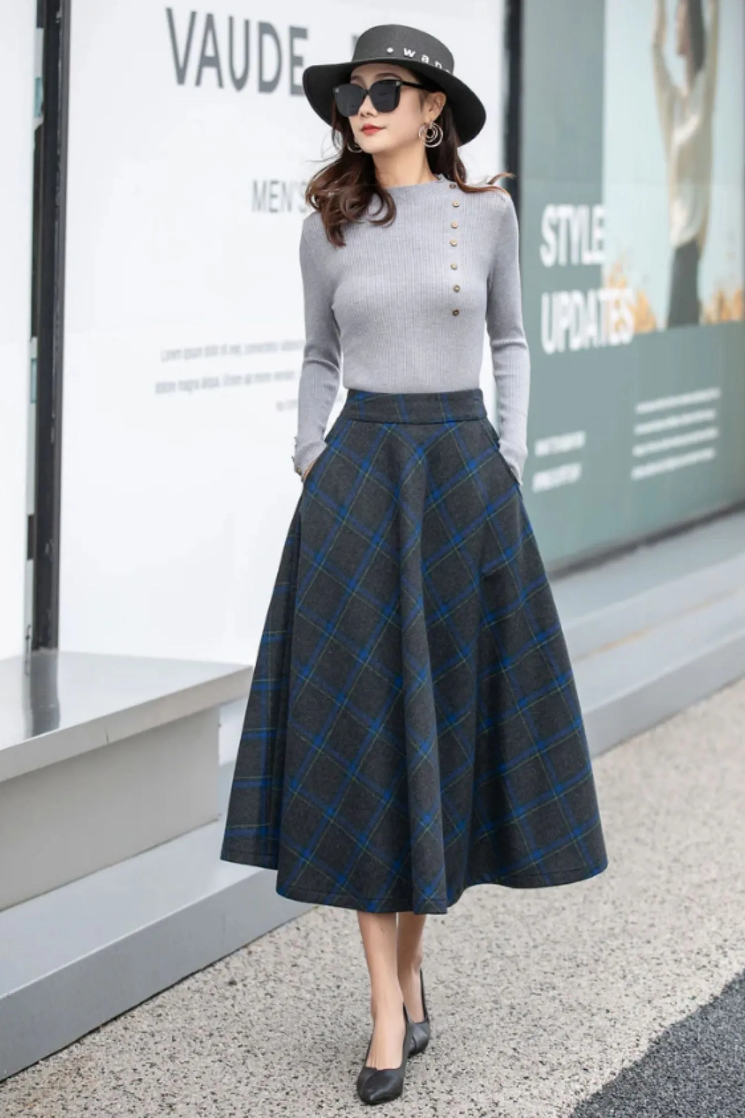 Long Plaid A-Line Wool Skirt 4164 size S # CK2300082