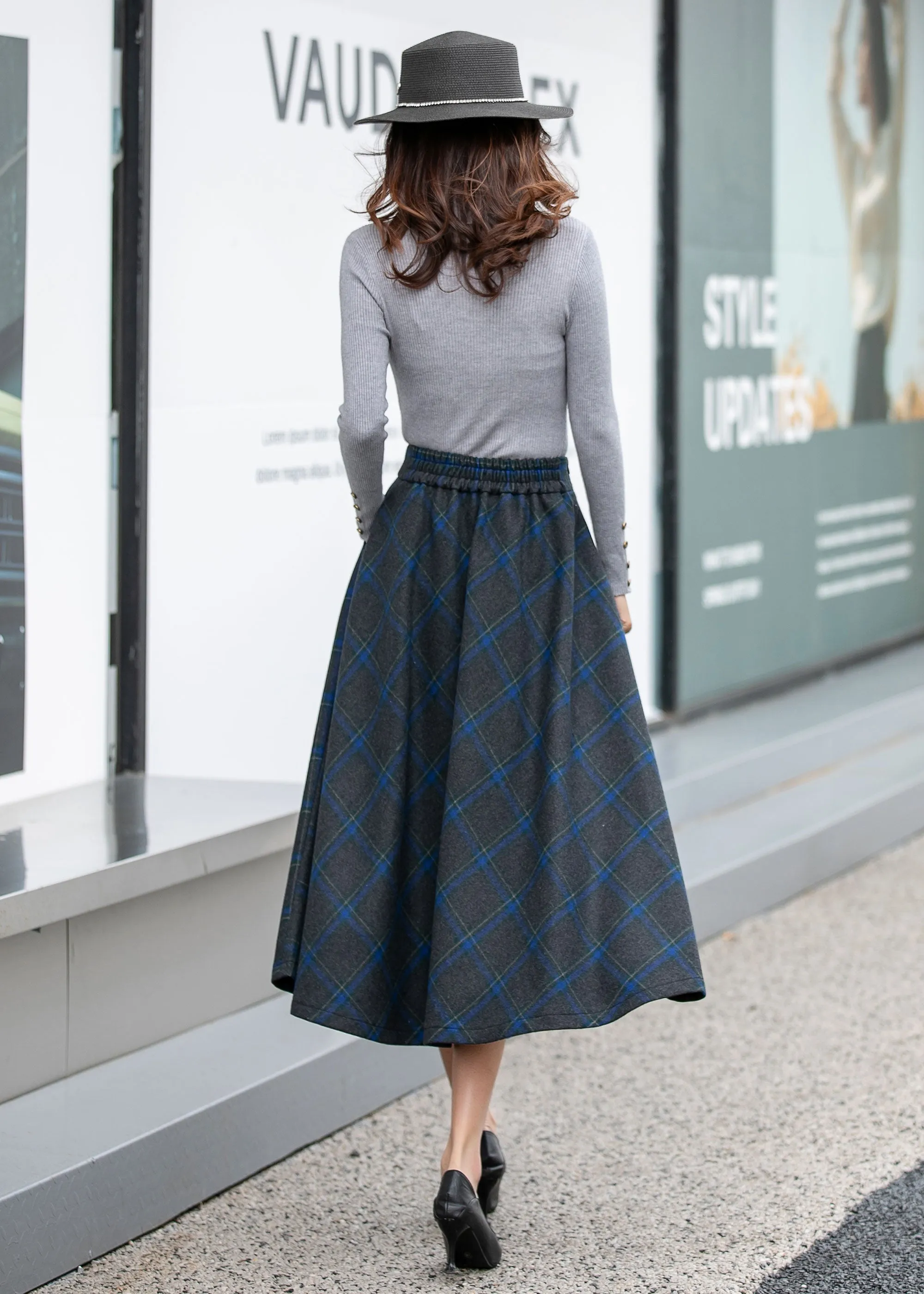 Long Plaid A-Line Wool Skirt 4164 size S # CK2300082