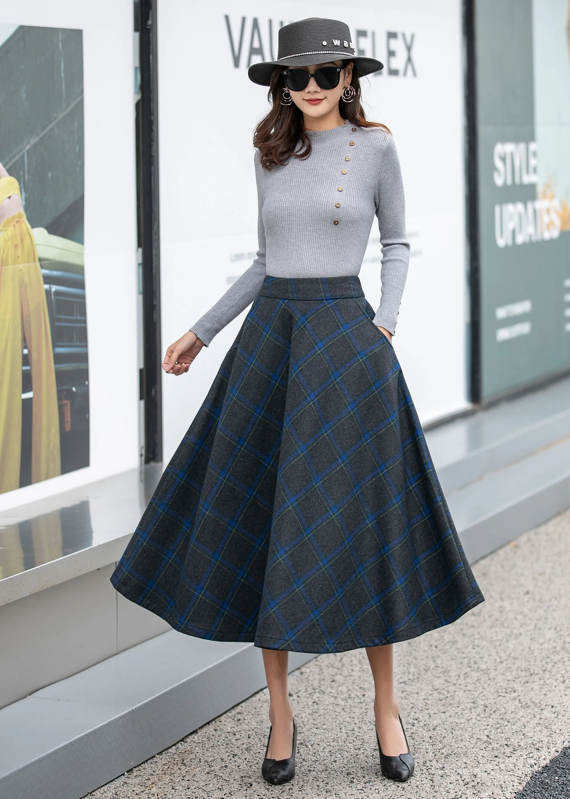 Long Plaid A-Line Wool Skirt 4164 size S # CK2300082