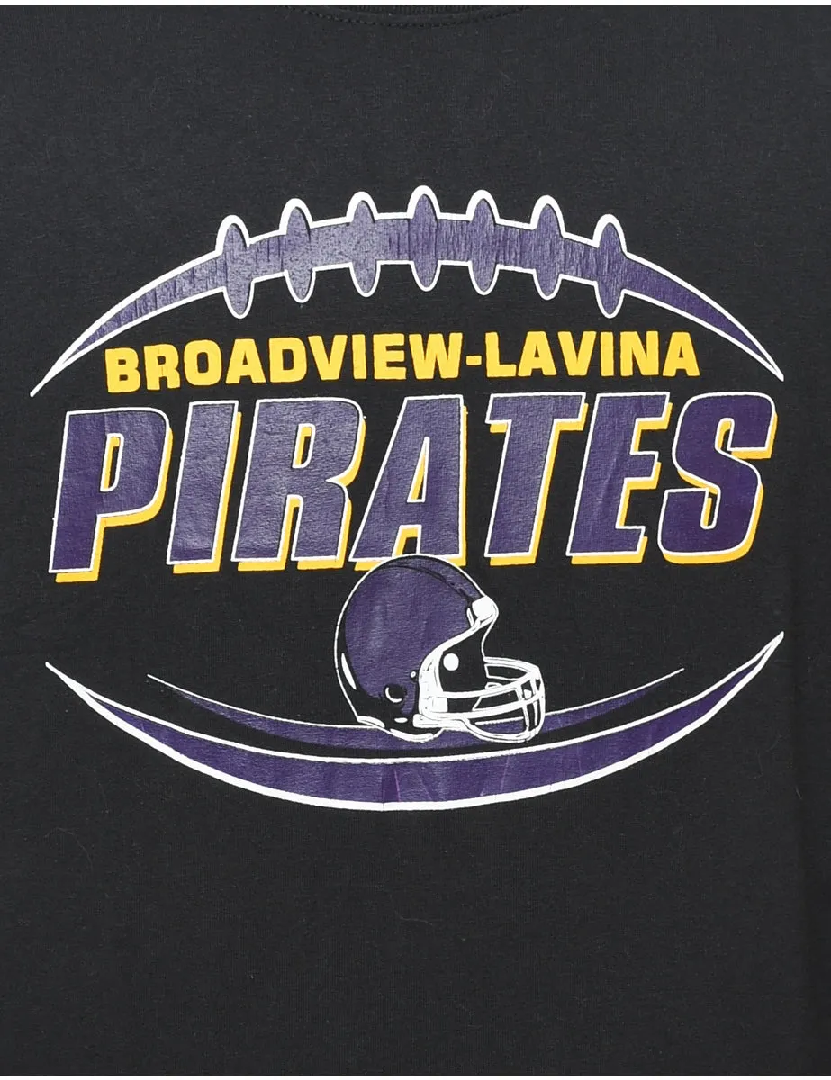 Long Sleeved Black, Purple & Yellow Pirates Design Printed T-shirt - L