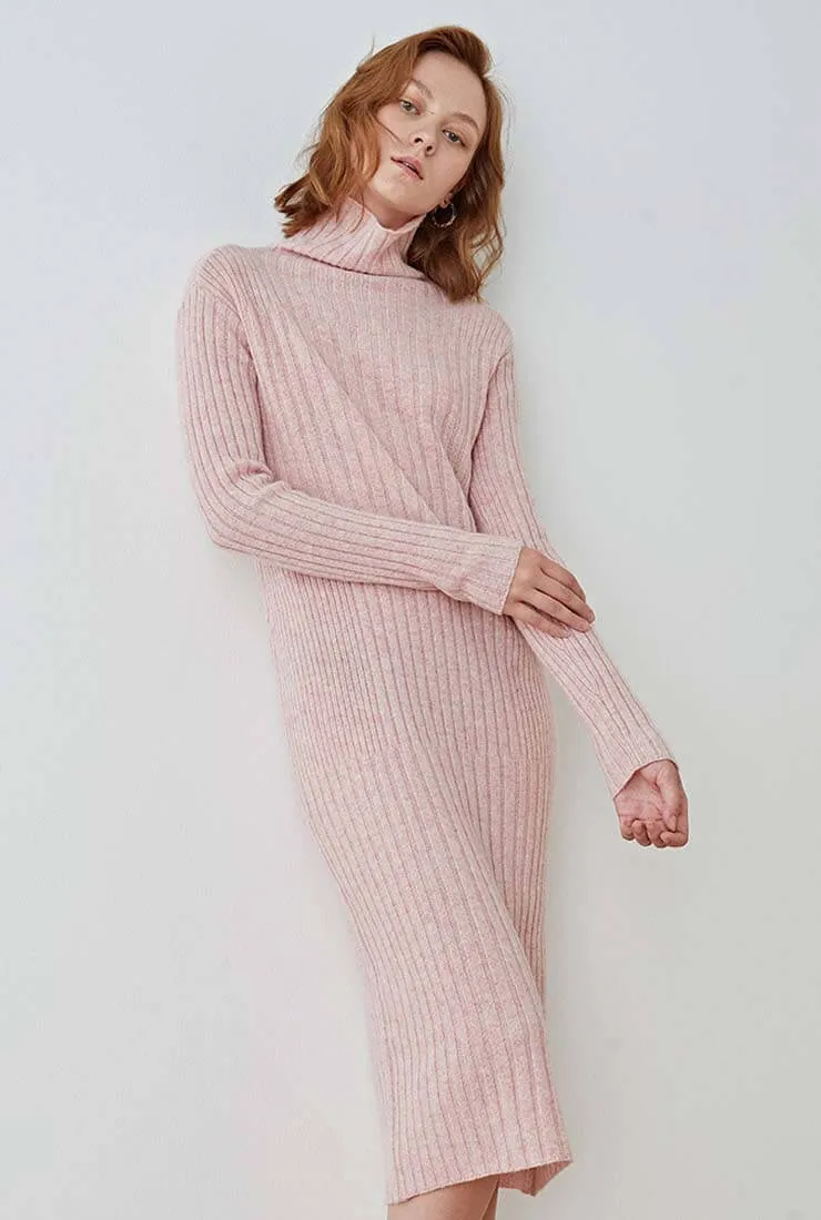 Long-sleeved Turtleneck Slim Wool Knit Midi Dress