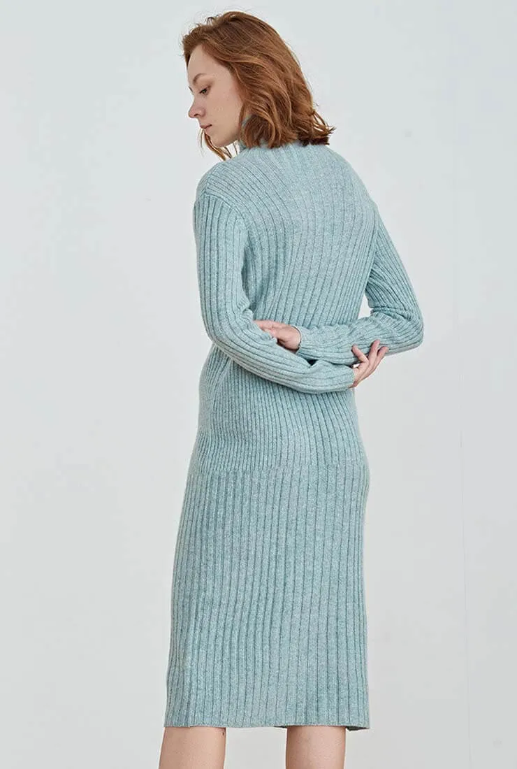 Long-sleeved Turtleneck Slim Wool Knit Midi Dress