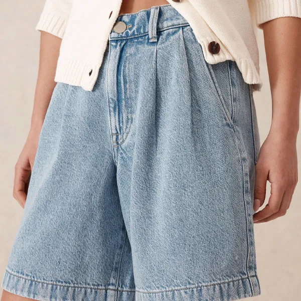 Longline Pleat Denim Short - Vintage Blue