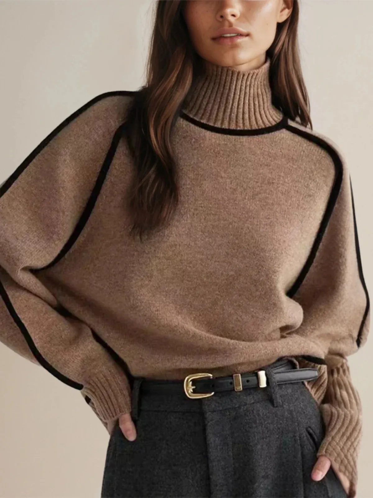 Luxe Wool Edge Trim Turtleneck Sweater