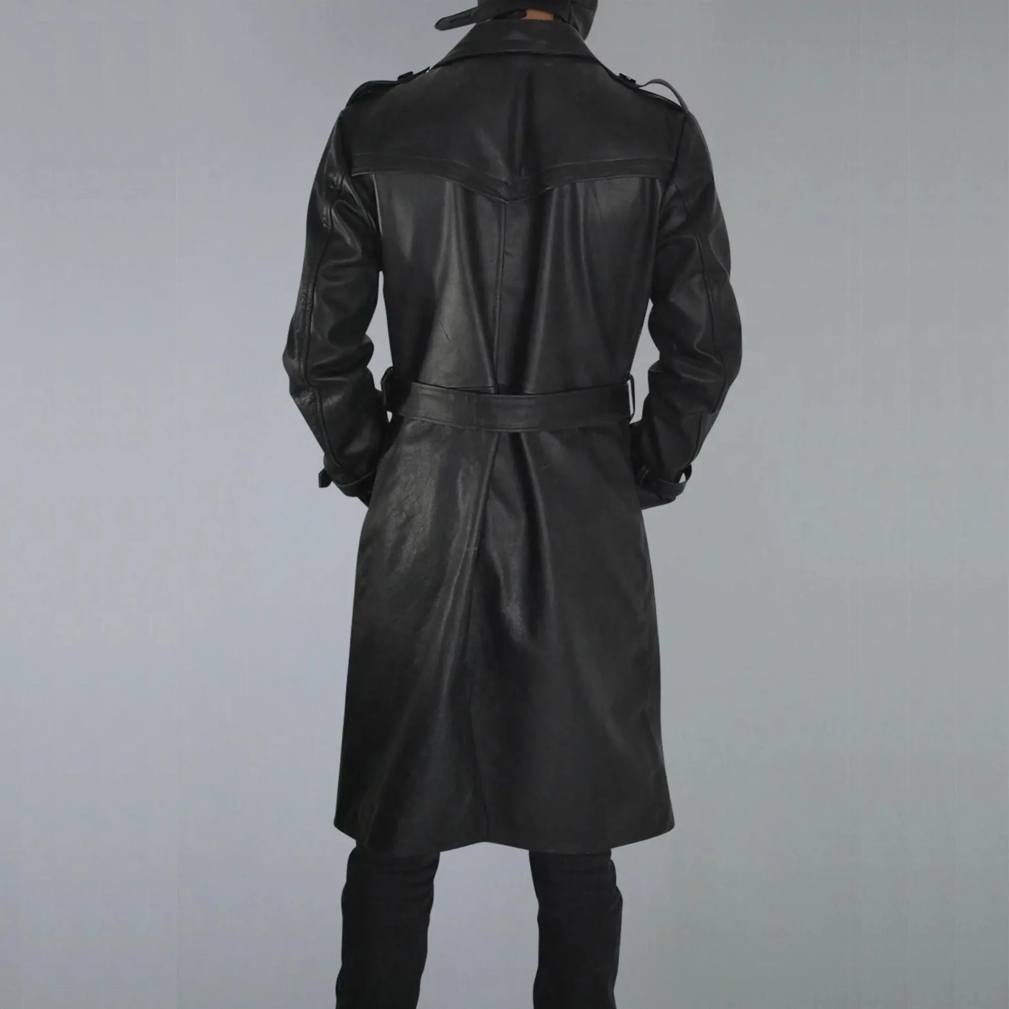 Mens Belted Black Trench Genuine Leather Coat With Lapel Collar