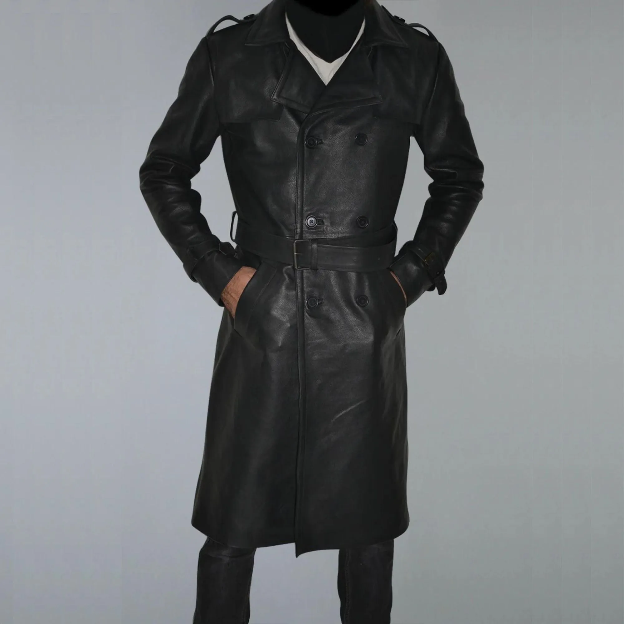 Mens Belted Black Trench Genuine Leather Coat With Lapel Collar