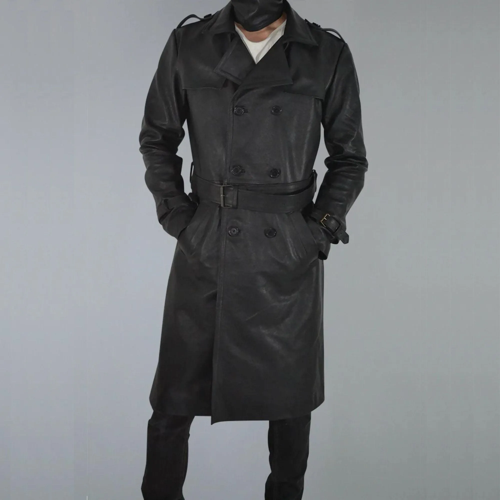 Mens Belted Black Trench Genuine Leather Coat With Lapel Collar