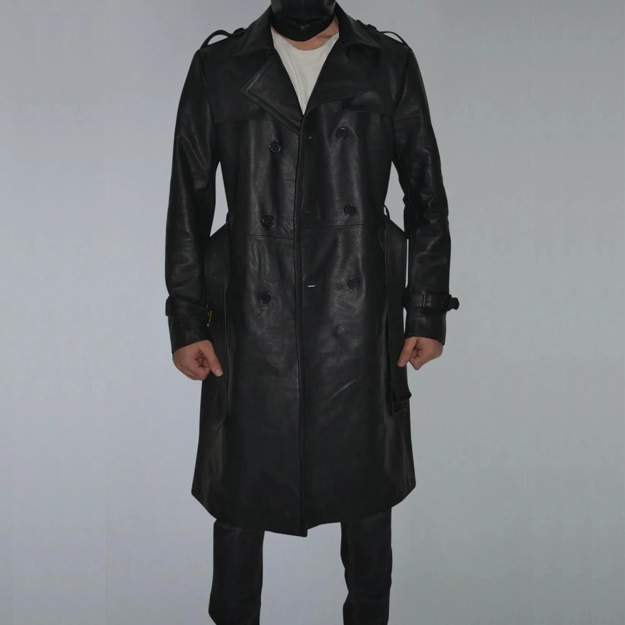 Mens Belted Black Trench Genuine Leather Coat With Lapel Collar