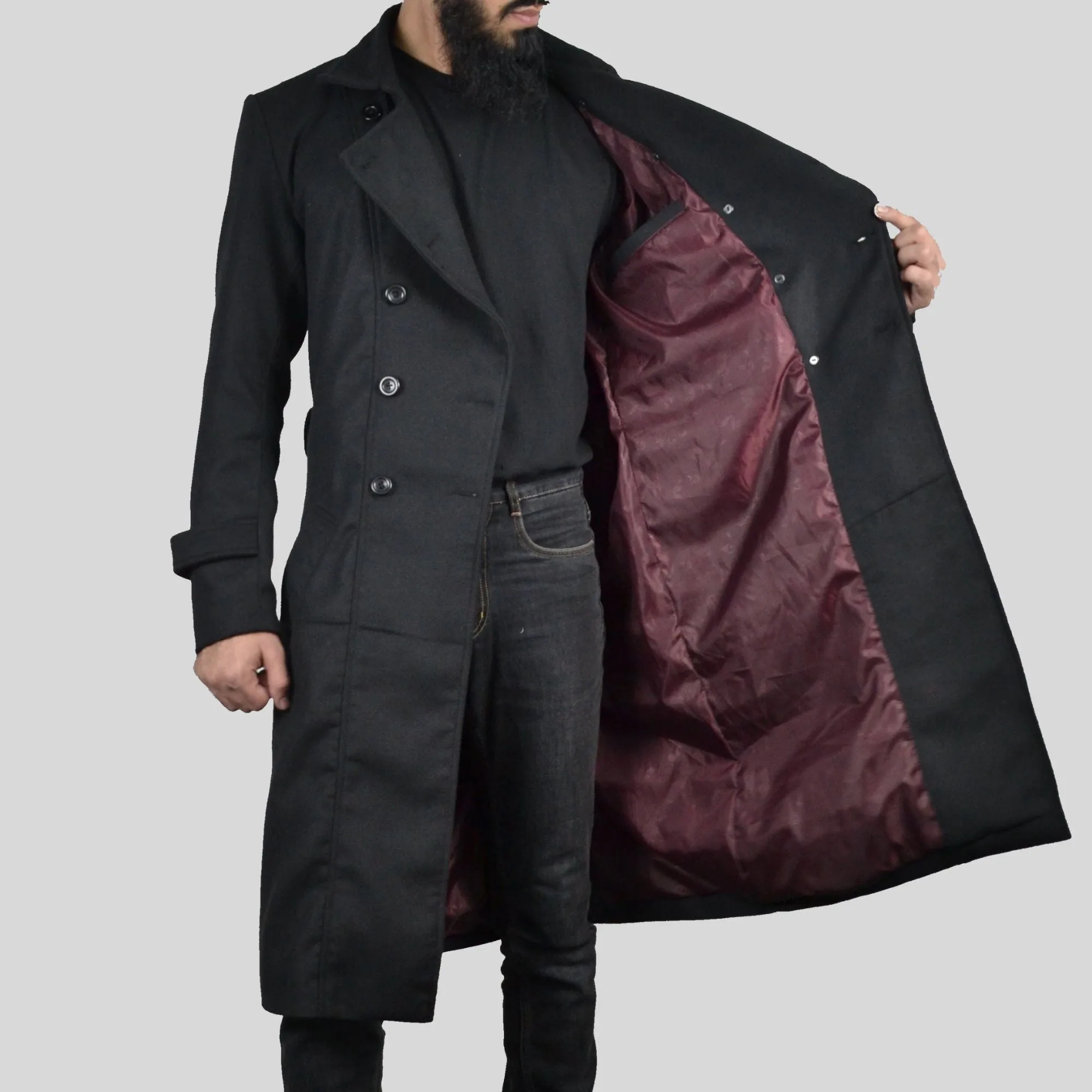 Mens Double Breasted Classic Wool Long Coat