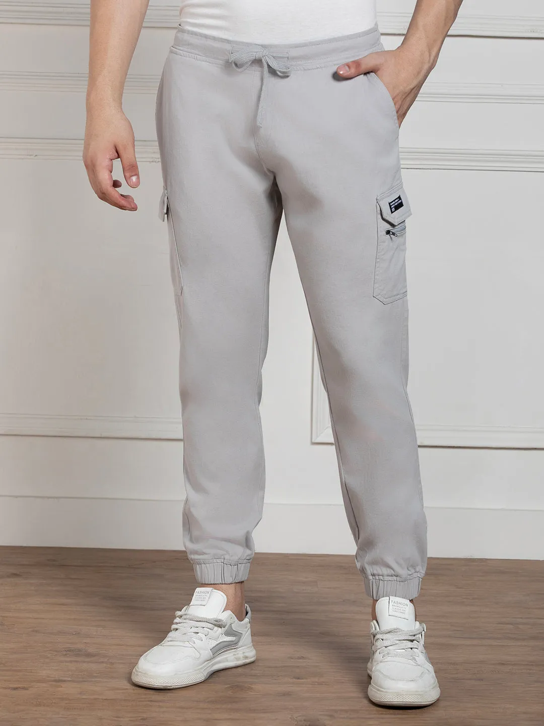 Men's Solid Light Grey Regular fit Stretchable Cargo Joggers