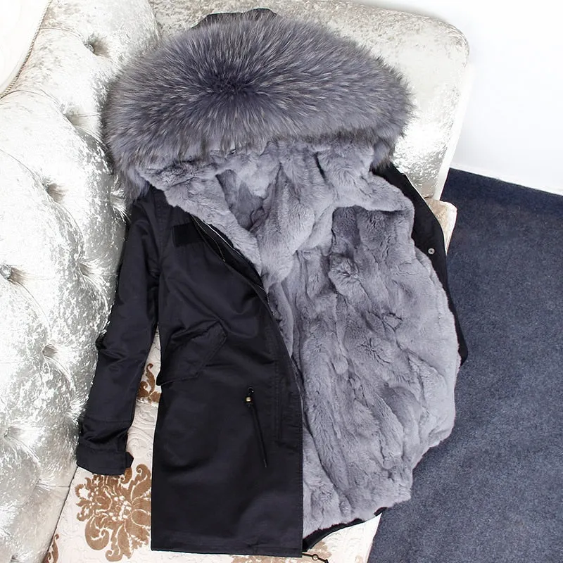 Men's Winter Casual Hooded Cotton Long Parka With Raccoon Fur