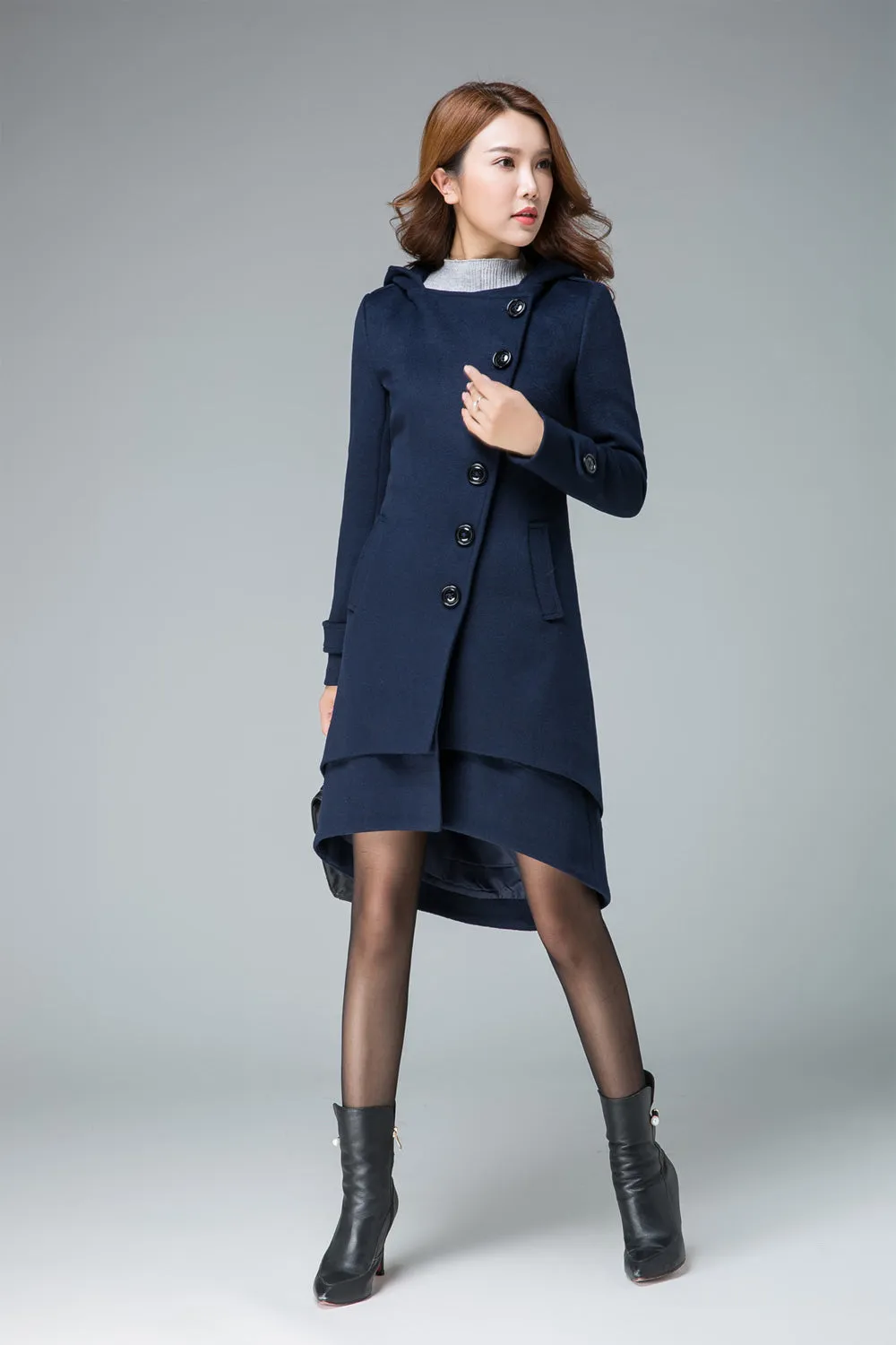 minimalist coat, navy coat, hooded coat, wool coat, winter coat, warm jacket 1842