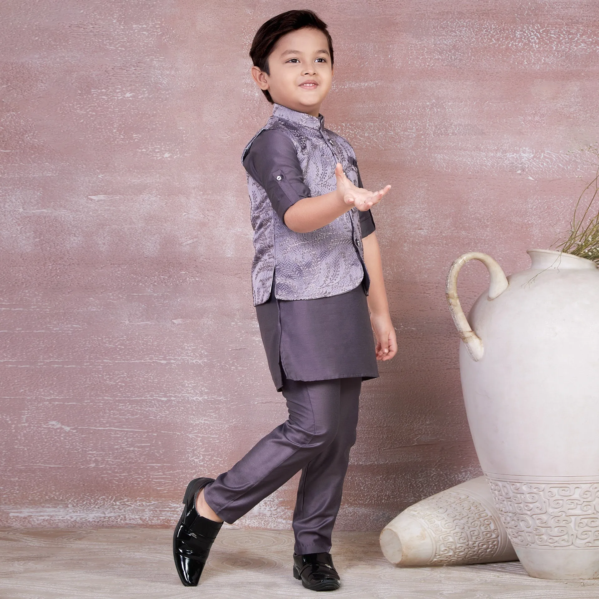 Ministitch Self designed Mandarin Neck Kurta Pyjama and Jacket Set for boys -Mauve