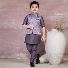 Ministitch Self designed Mandarin Neck Kurta Pyjama and Jacket Set for boys -Mauve