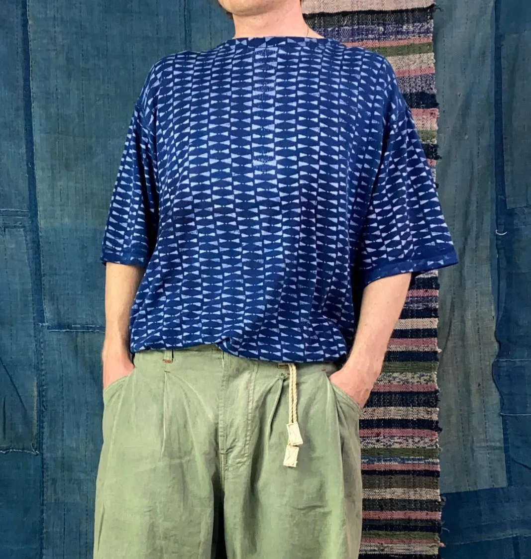 Model T. Organic Cotton Knitted Indigo Dye Block Print Sioux Sunfaded