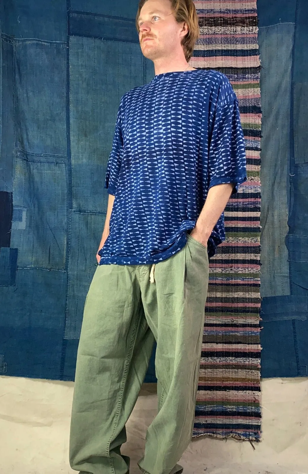 Model T. Organic Cotton Knitted Indigo Dye Block Print Sioux Sunfaded