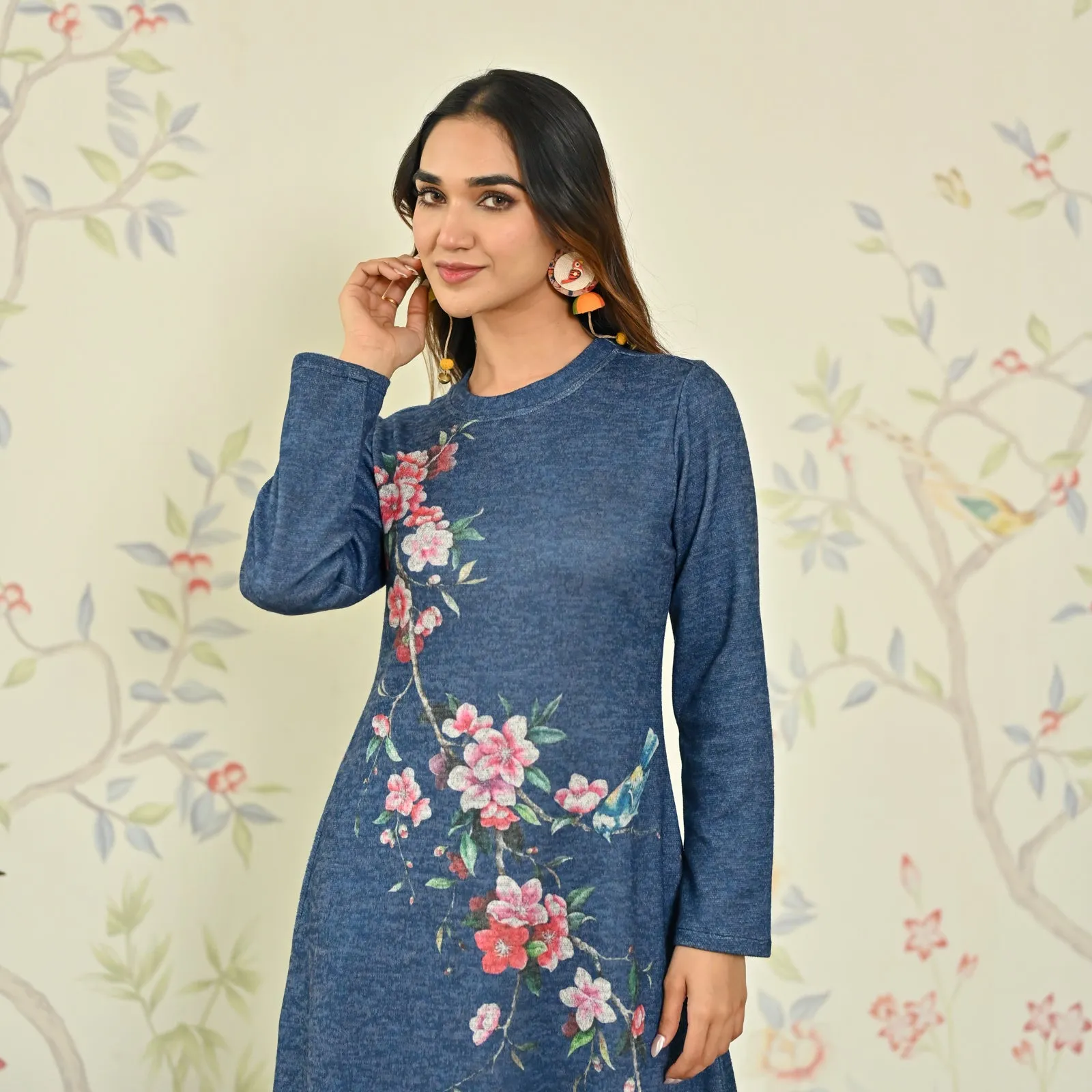 Navy Blue Floral A-line Woollen Dress