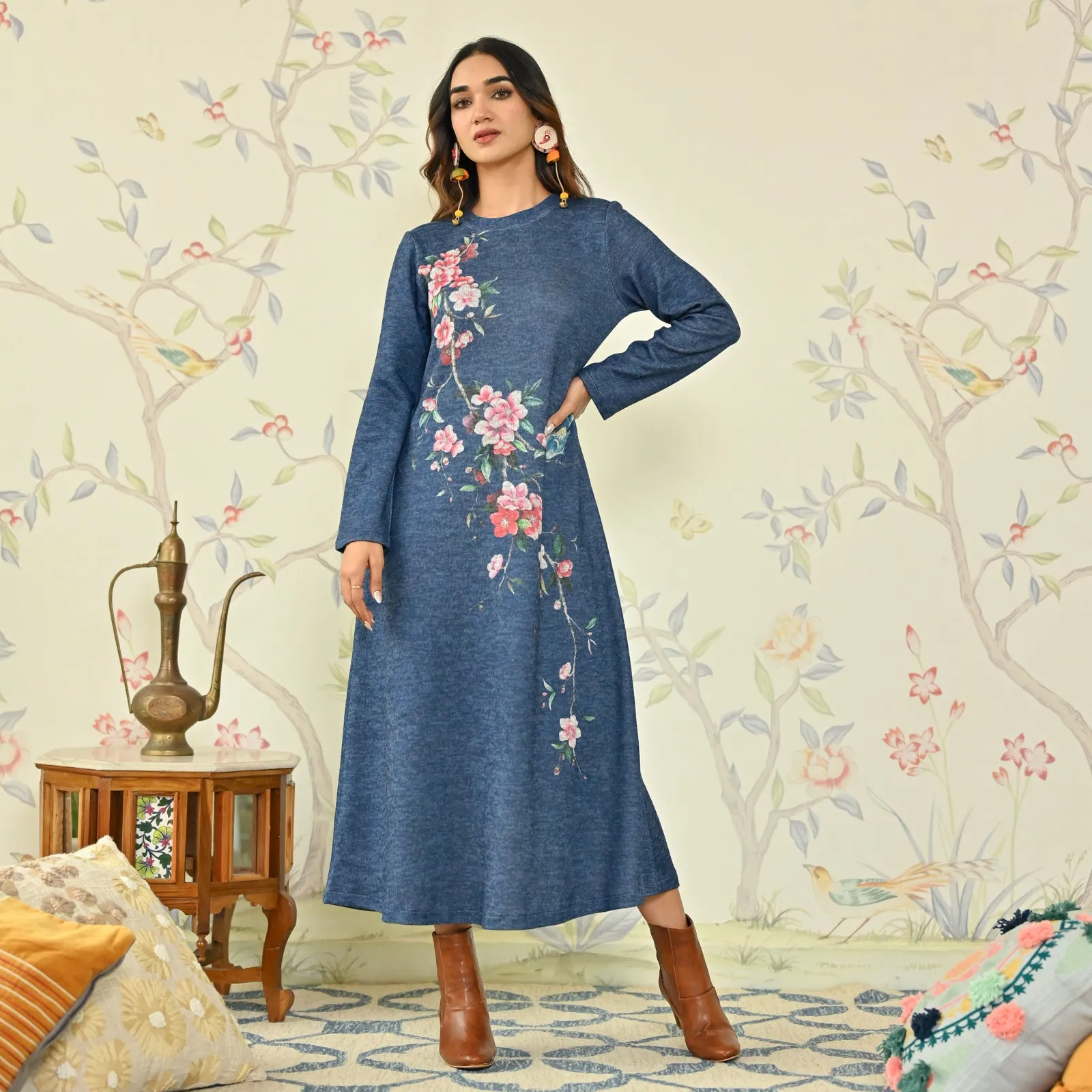 Navy Blue Floral A-line Woollen Dress