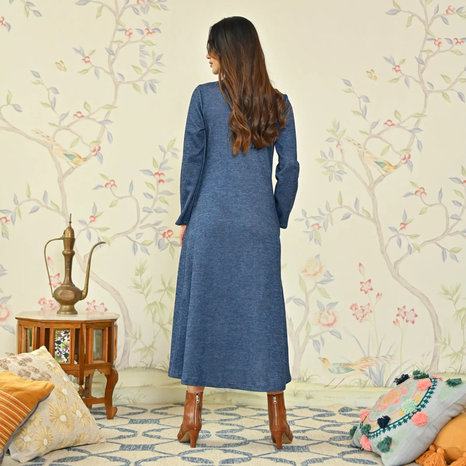 Navy Blue Floral A-line Woollen Dress