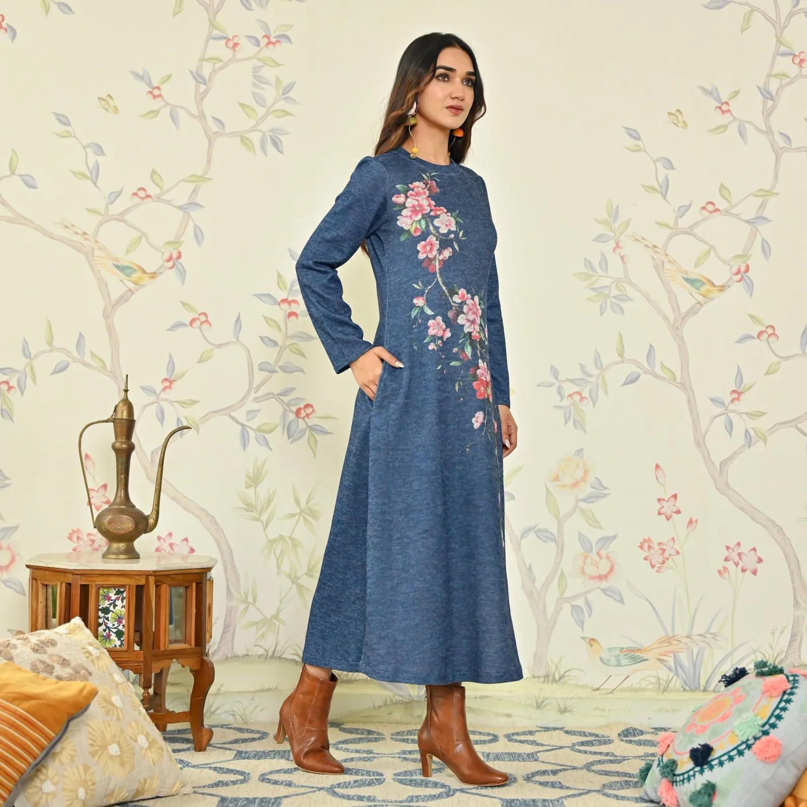 Navy Blue Floral A-line Woollen Dress