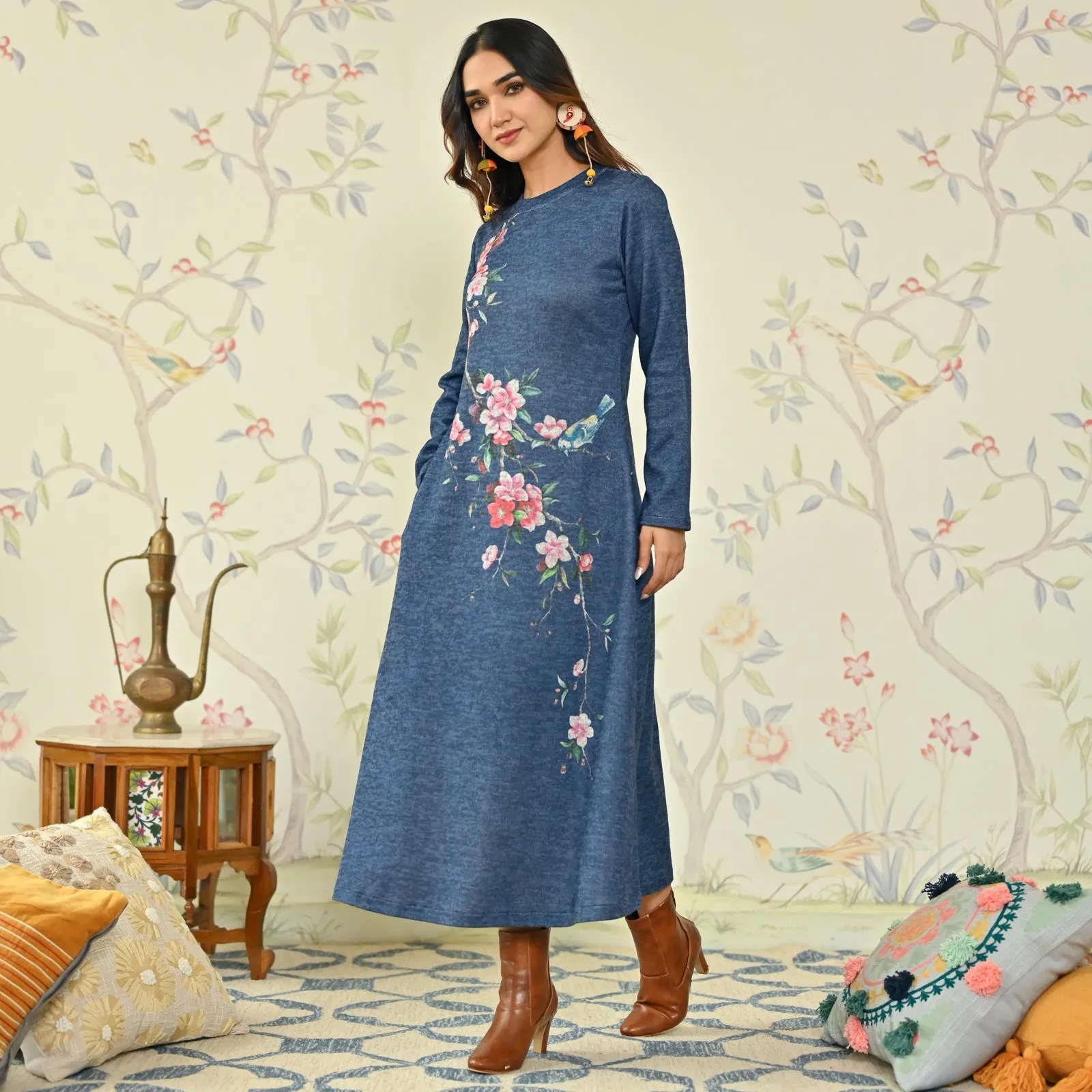 Navy Blue Floral A-line Woollen Dress