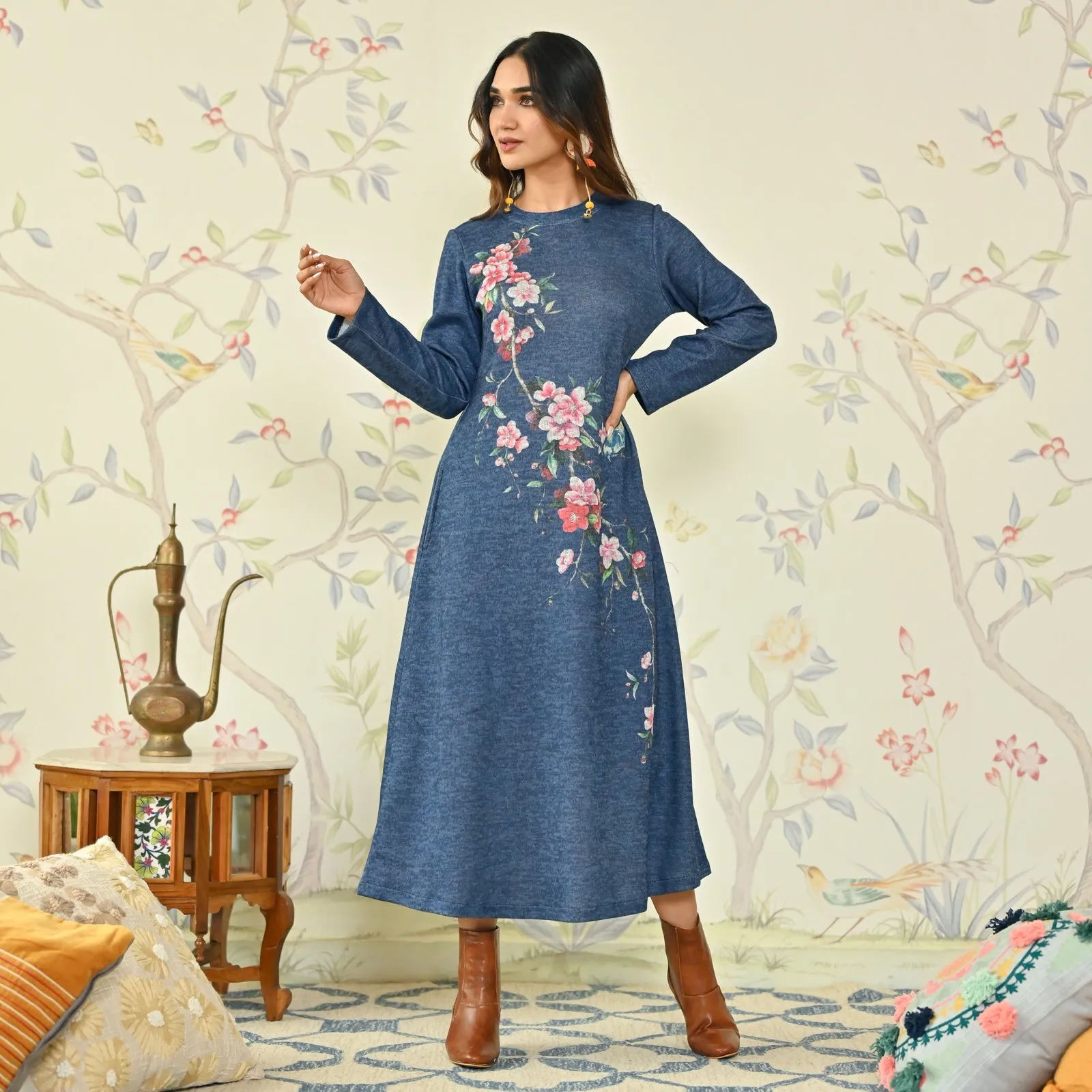 Navy Blue Floral A-line Woollen Dress