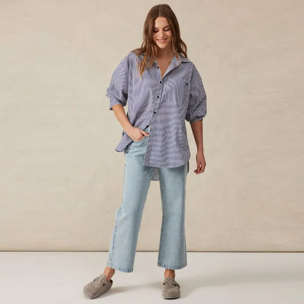 Oversized Poplin Shirt - College Blue   White Narrow Stripe