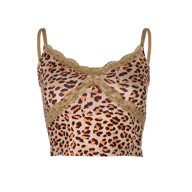 Patchwork Lace Edge Leopard Crop Top Sexy Party Harajuku Slim Rave Sleeveless