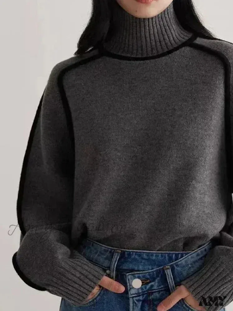 Patchwork Turtleneck Knitted Warm Thicken Long Sleeve Sweater