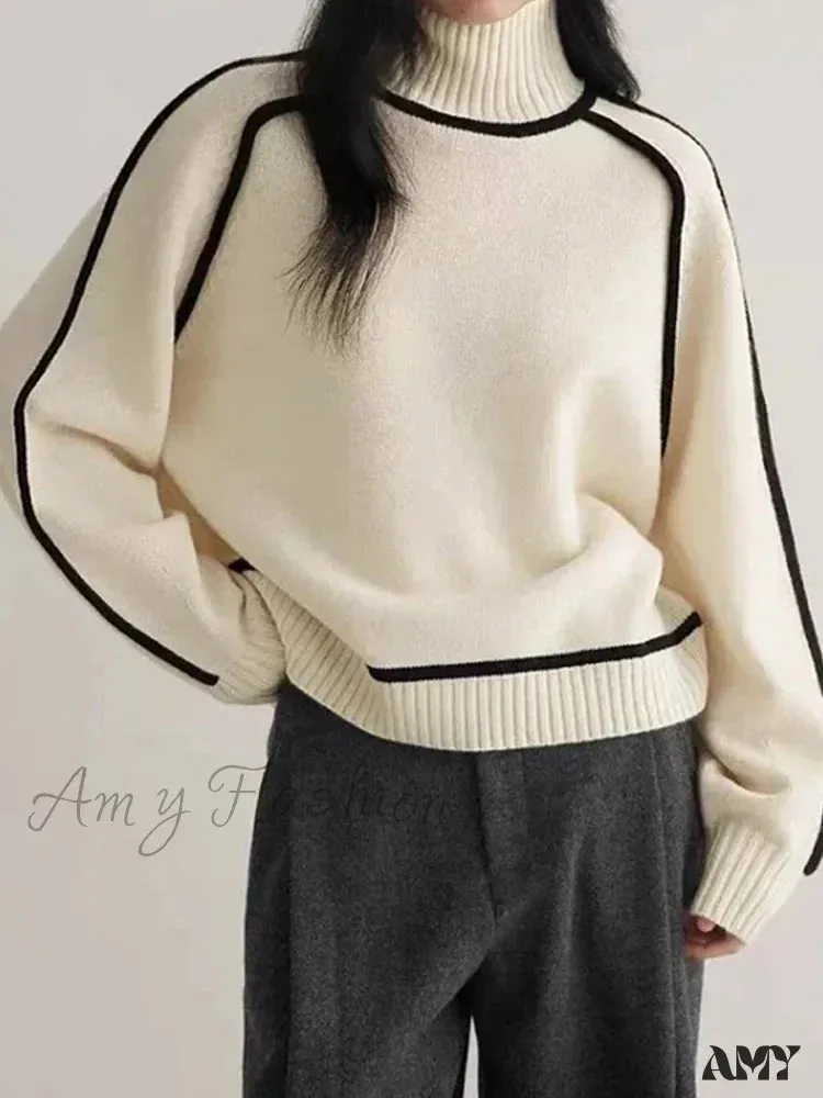 Patchwork Turtleneck Knitted Warm Thicken Long Sleeve Sweater