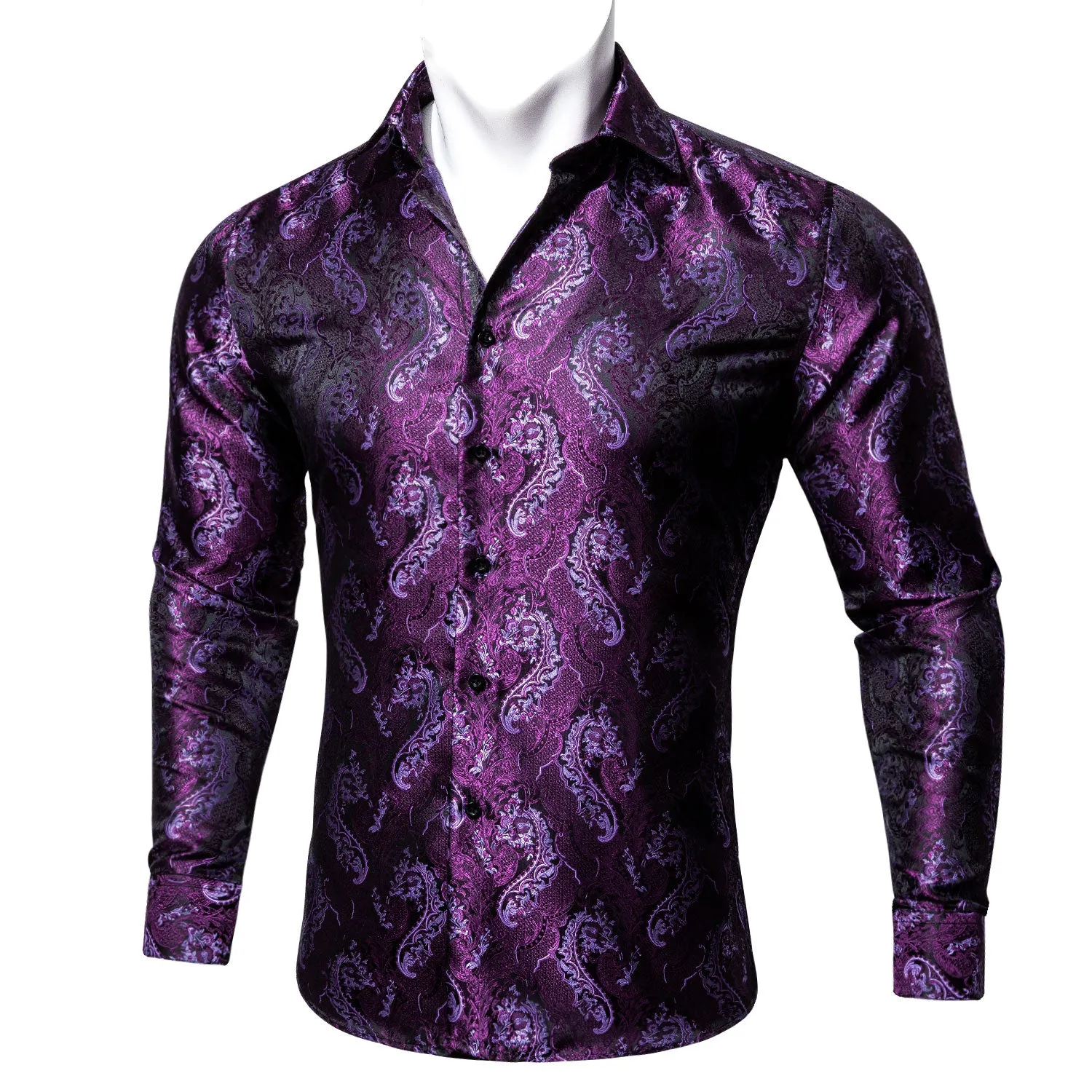 Pink Purple Paisley Style Silk Men's Long Sleeve Shirt