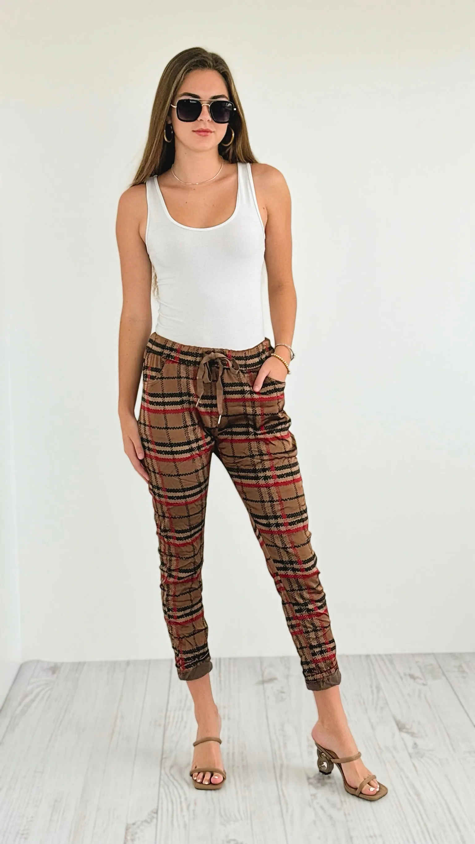 Plaid Wish List Italian Joggers- Camel