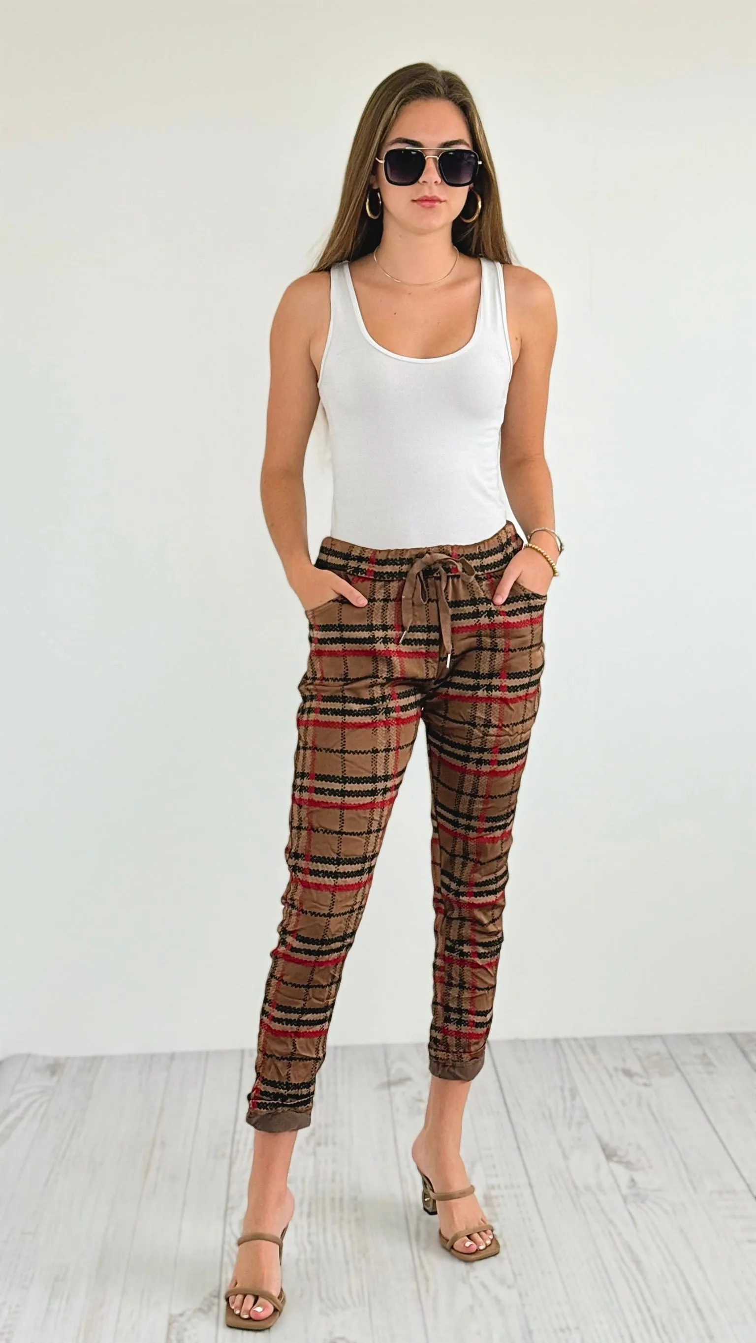 Plaid Wish List Italian Joggers- Camel