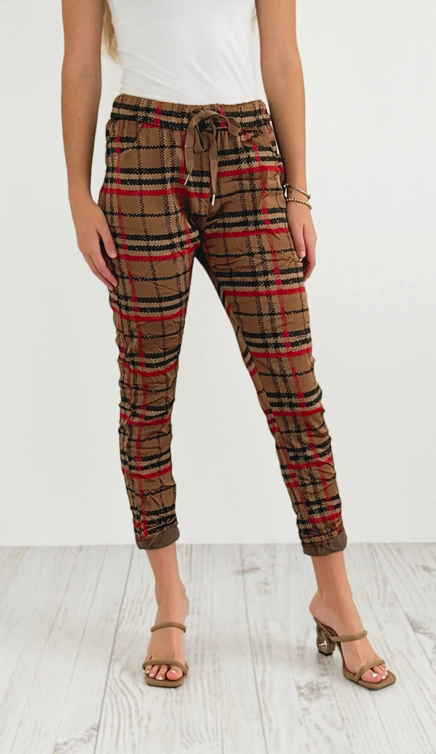 Plaid Wish List Italian Joggers- Camel