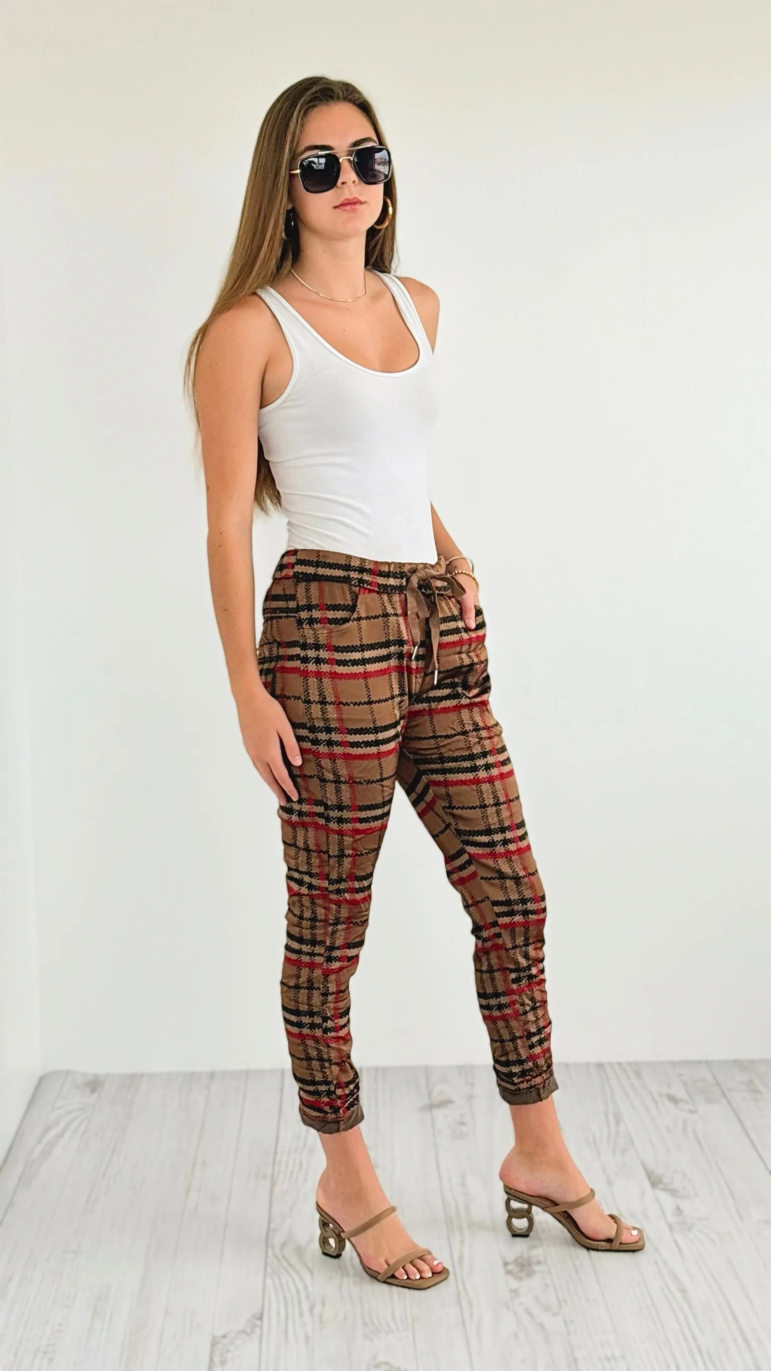 Plaid Wish List Italian Joggers- Camel