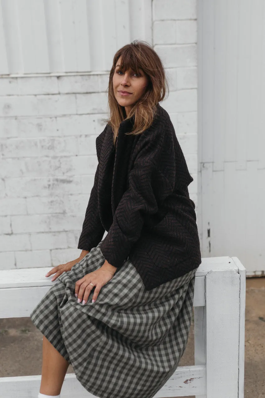 Portuguese Wool Pieper Coat in Black and Brown Herringbone - L and XL Left