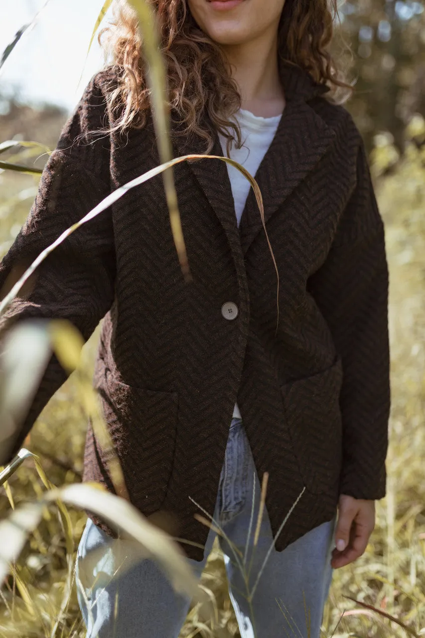 Portuguese Wool Pieper Coat in Black and Brown Herringbone - L and XL Left